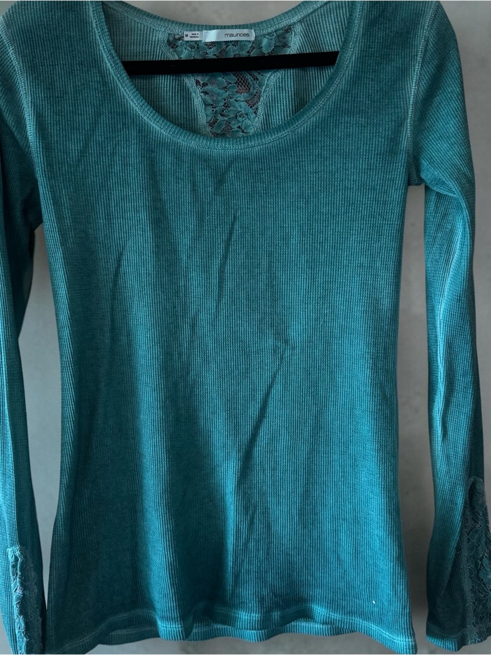 Maurices Teal Ribbed Long Sleeve Top with Lace Insets
